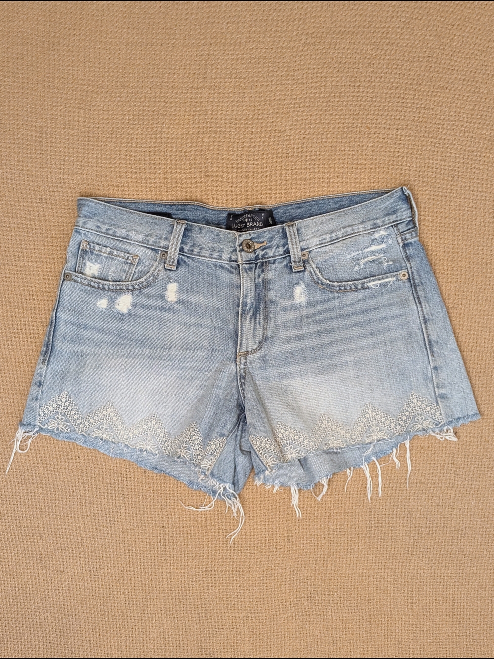 Lucky Brand Distressed Denim Cotton Light Blue Cut Off Jean Shorts Embroidered